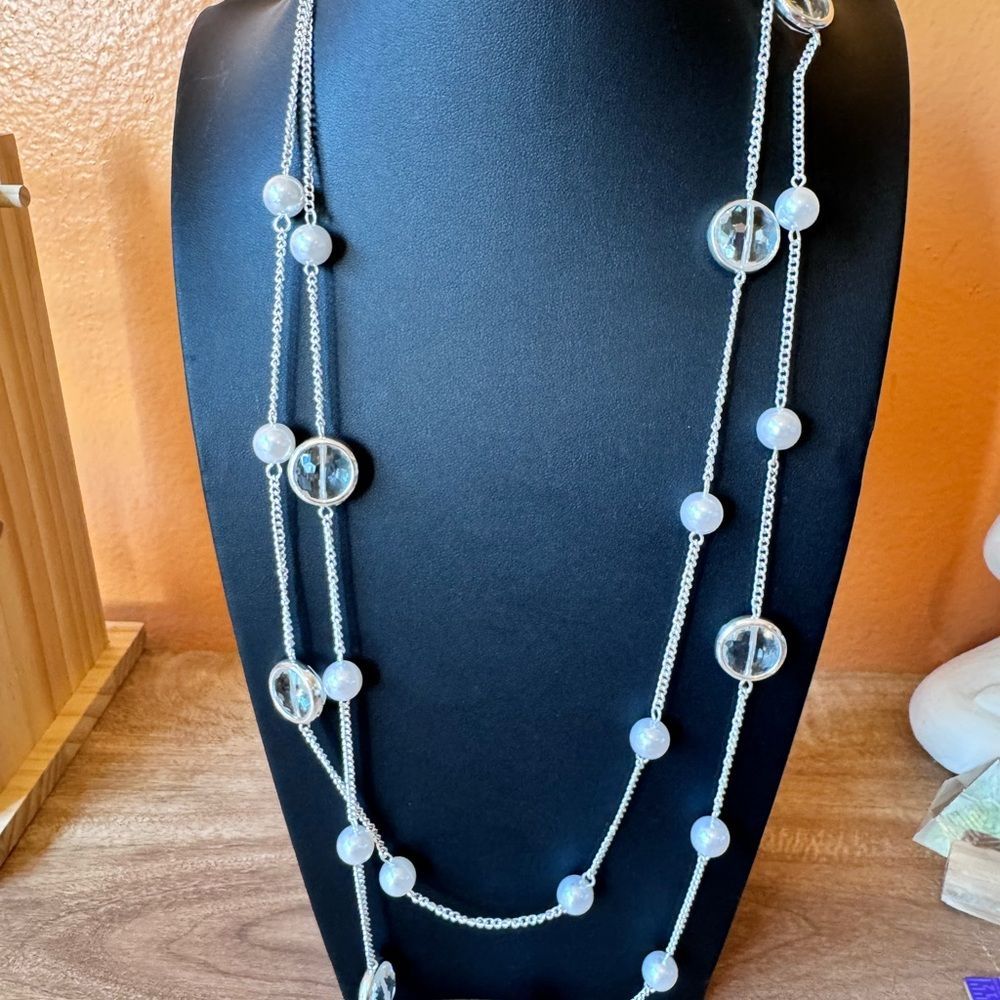 Monet New Silver Tone Chain Necklace Long Clear Faceted Beaded Costume Nwt — image 7 of 7